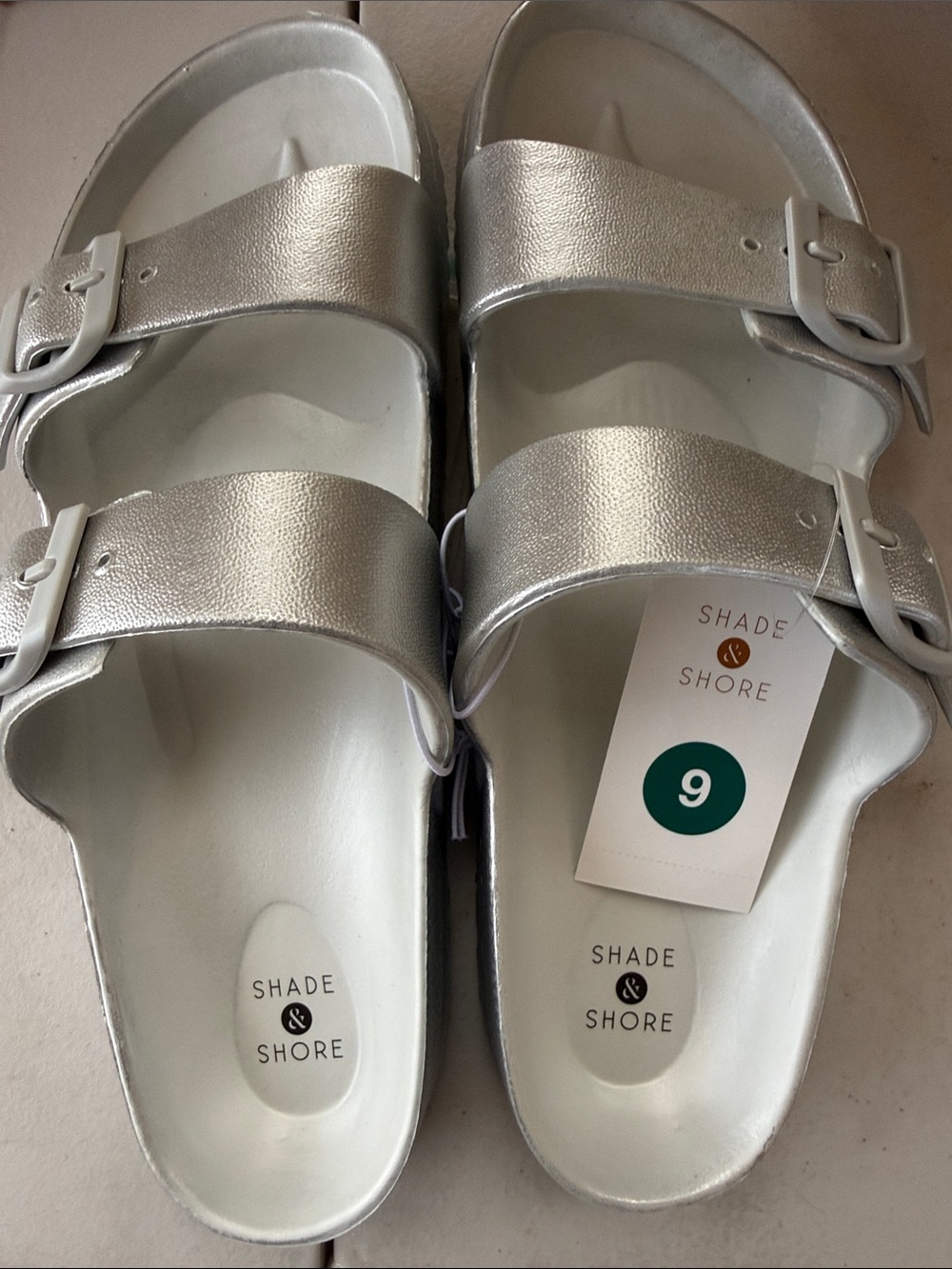 Shade & Shore Metallic Silver Double-Band Slide Sandals